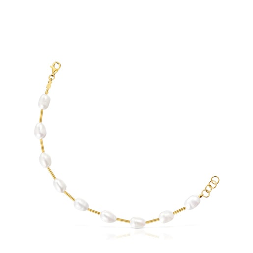 Tube Bracelet with 18kt gold plating over silver and cultured pearls Gloss
