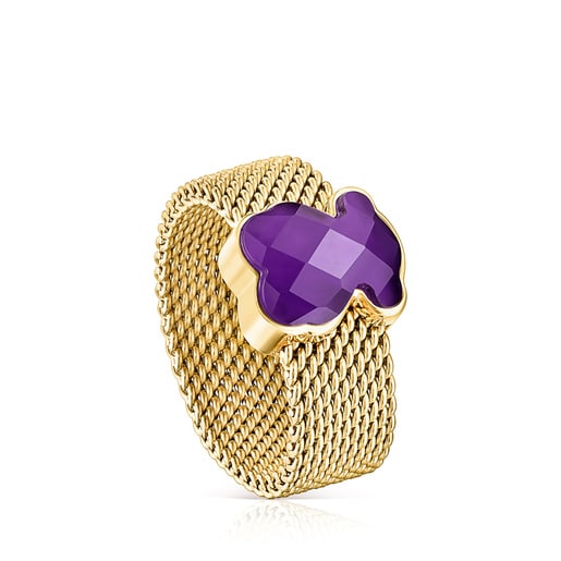 Gold-colored IP Steel Ring with Amethyst Bear motif TOUS Mesh Color | TOUS