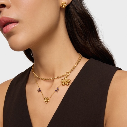 Short Necklace with 18kt gold plating over silver and amethyst Daisy