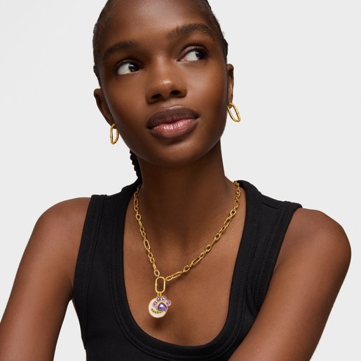 Dije huella con baño de oro de 18 kt sobre plata y amatista Medallions