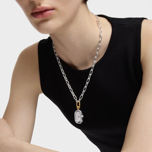 שעון תליו/דיגיטלי Hold Oval מפלדה בצבעי זהב ואפור