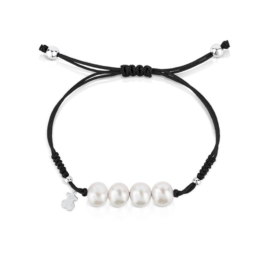 Pulsera de cordón negro, plata y perlas TOUS Pearls