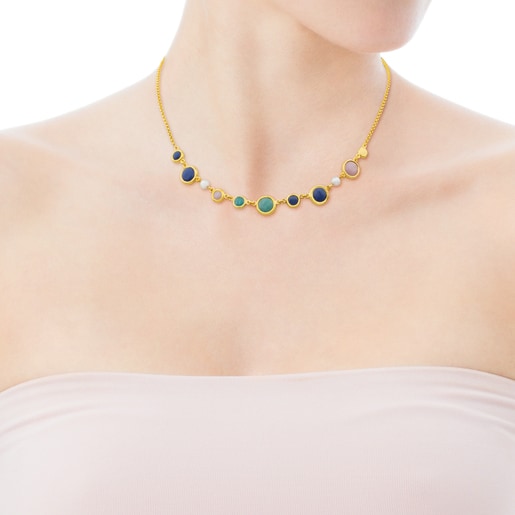 Collier Alecia en Argent Vermeil avec Amazonite, Opale rose, Quartz à Dumortiérite et Perle