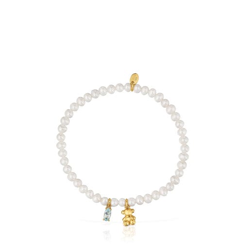 Elastic Bracelet with gold plating over silver, cultured pearl and topaz Bold Bear