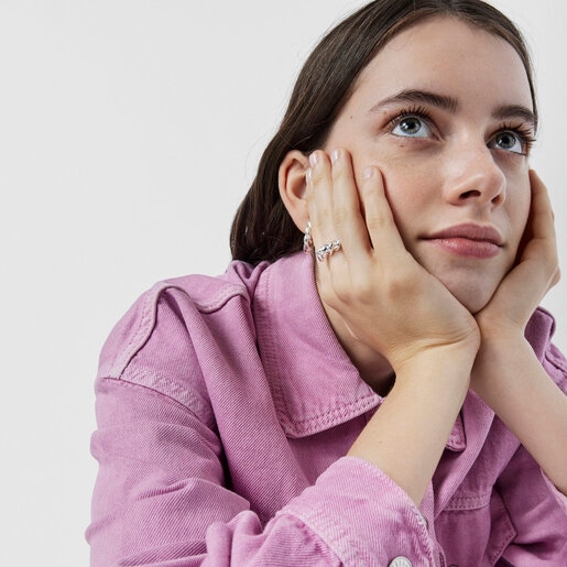 Twisted braided silver ring bear motif