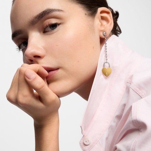 Long two-tone steel Earrings with heart charm TOUS Charming