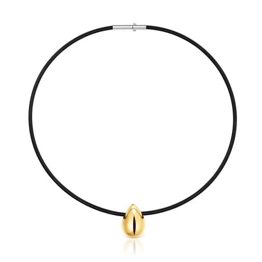 Short gold and black IP steel Necklace with teardrop motif Mesh Tube