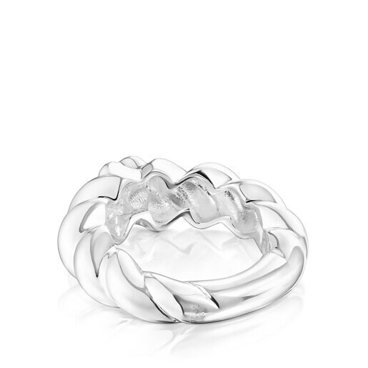 Twisted braided silver ring bear motif