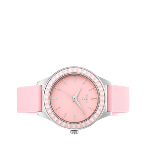 Steel Straight Ceramic Watch and ceramic bevel with rose Silicone strap