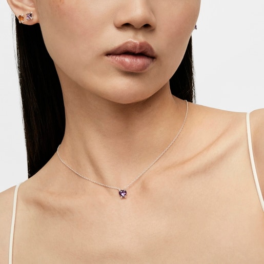 שרשרת עם אבן חן אמטיסט בצורת לב מכסף