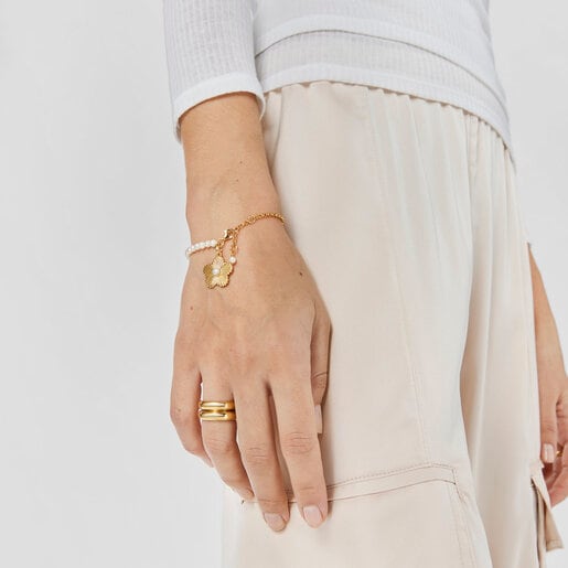 Pulsera con baño de oro 18 kt sobre plata flor con perlas cultivadas Iris Motif
