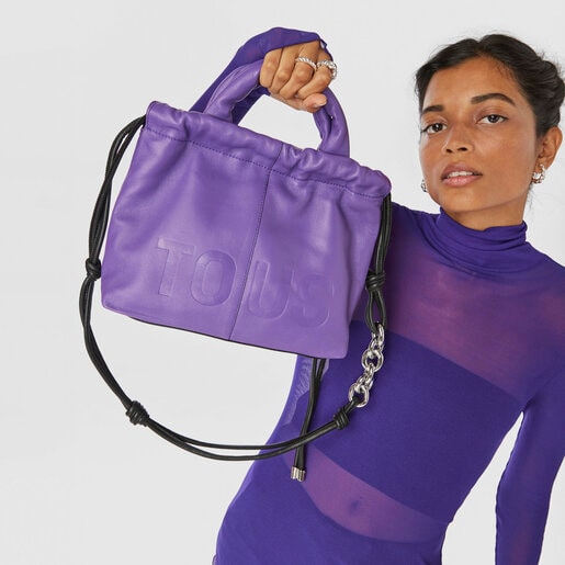 תיק TOUS Cloud בינוני עם רצועת כתף אחת מעור בצבע ורוד לילך
