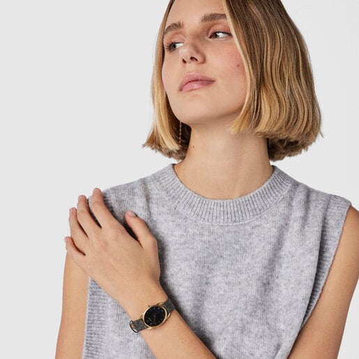 ゴールドカラー IP スティールにKaosブラックのレザーストラップを組み合わせた腕時計 Dai