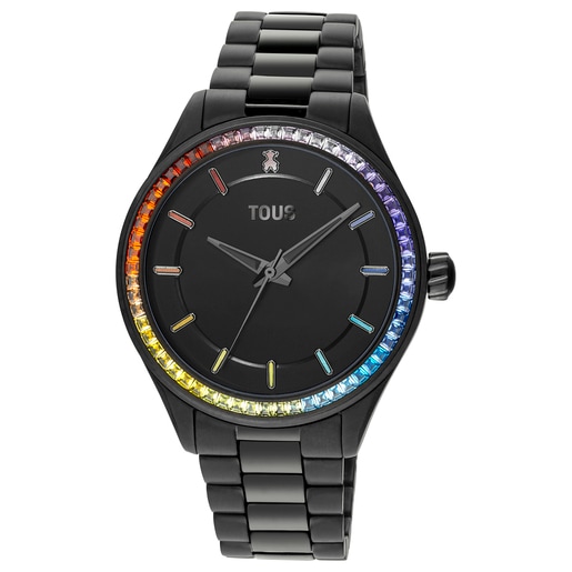 ブラックのIPスティールストラップ付きアナログ腕時計 Tender Shine