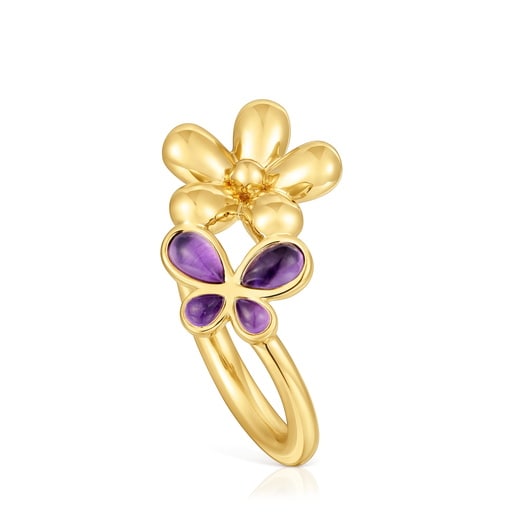 Ring with 18kt gold plating over silver and amethyst Daisy