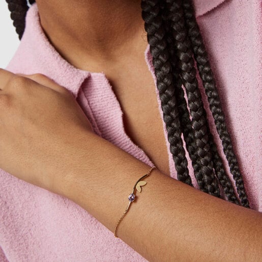 Pulsera Fragile Nature hojas con baño de oro 18 kt sobre plata y amatista