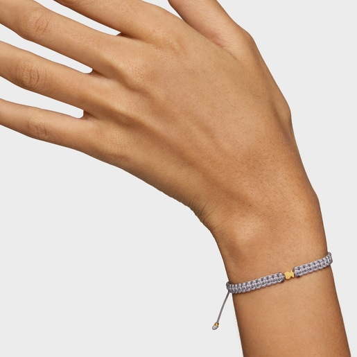 Pulsera oso con baño de oro 18 kt sobre plata y nylon gris TOUS Motivos