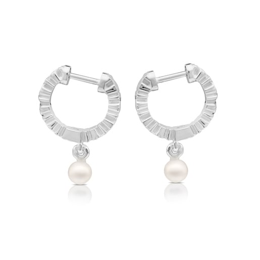 Silver TOUS Straight Hoop Earrings with Pearls