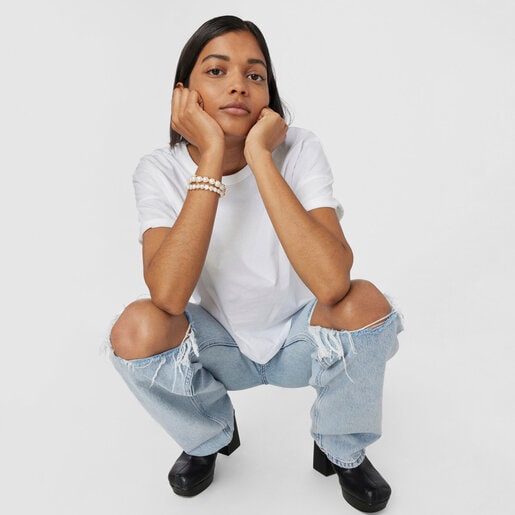 צמיד פנינים גדולות בשילוב דובי זהב