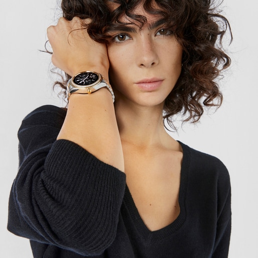 T-Shine Connect Smartwatch with steel and gold-colored IP steel wristband with white cubic zirconias