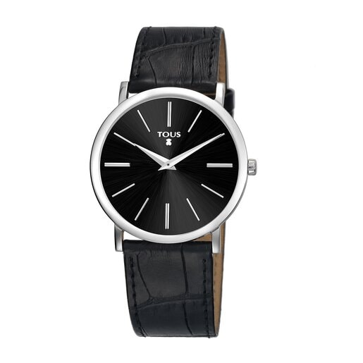 Steel Stous Watch with black Leather strap