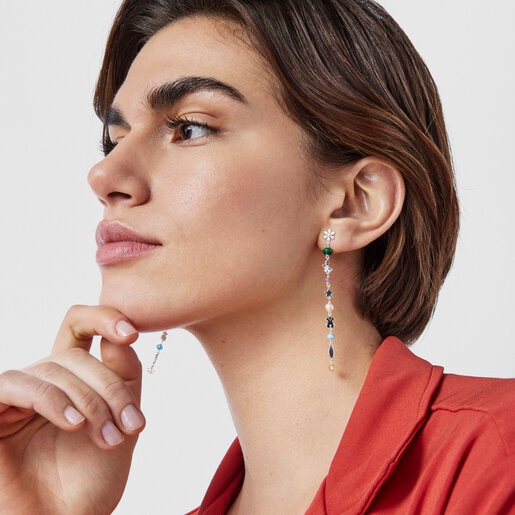 Long Silver Fragile Nature Earrings with Gemstones