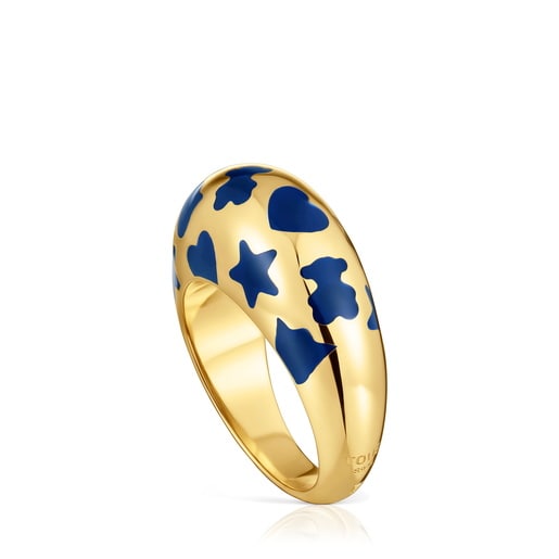 Ring with 18kt gold plating over silver and blue motifs Warm