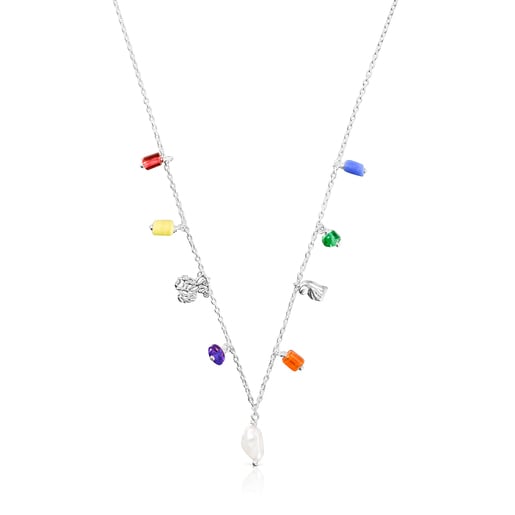 Silver Oceaan Necklace with pearls and multicolored glass