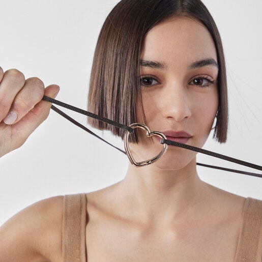 Long Hold heart necklace in Rose Vermeil and brown Leather