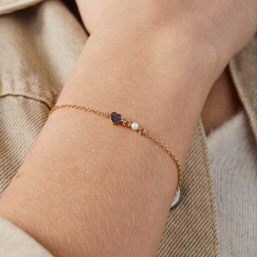 Pulsera con baño de oro 18 kt sobre plata con corazón de amatistas TOUS New Motif