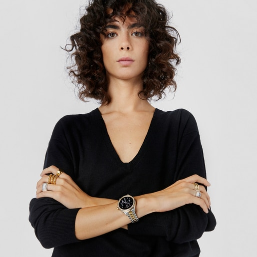 ساعة ذكية بسوار يد من الصُلب مطلي بأيونات صلب وذهبية اللون ومُزيّنة بزركونيا مكعبة باللون الأبيض، من تشكيلة T-Shine Connect