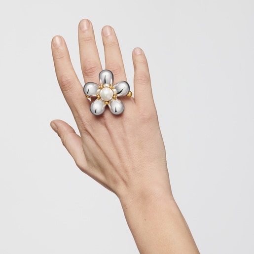 Two-tone Double ring with cultured pearl Daisy