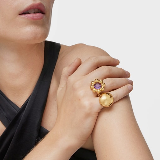Medium flower Ring with 18kt gold plating over silver and amethyst Sugar Party