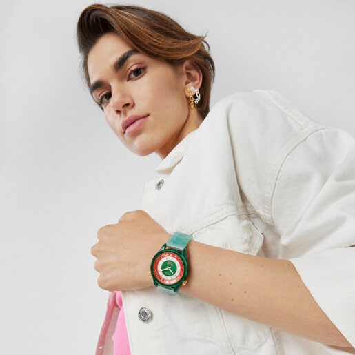 Steel TOUS Tender Time Watch with green silicone strap and green dial