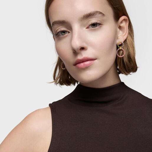 18kt gold-plated silver Double circle earrings with gemstones TOUS Straight