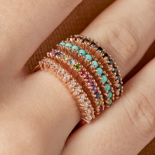 Straight Ring in Rose Silver Vermeil with multicolor Gemstones