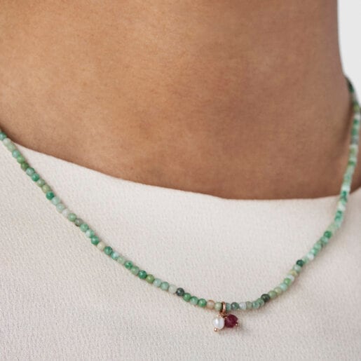 Колье Camille из серебра с розовой позолотой, зеленым горным хрусталем, рубином и жемчугом