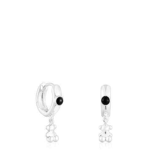 Silver Bold Bear Hoop earrings with onyx and bear charm