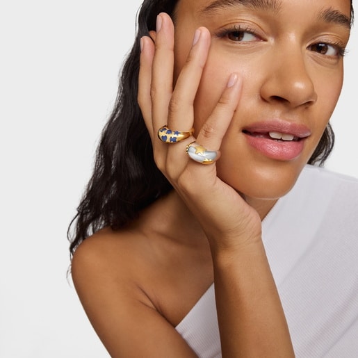 خاتم Warm من الفضة المطلية بالذهب عيار 18 قيراطًا مزدان بحليات زرقاء