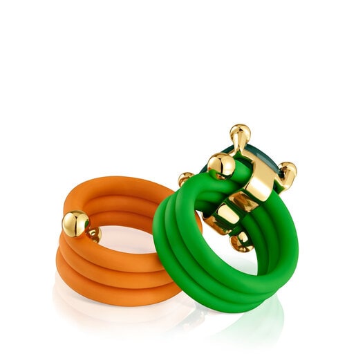 Pack of green and orange St. Tropez Caucho Rings with gemstones
