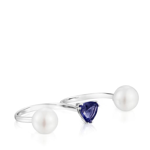 Bague double ouverte or blanc, iolite et perle de culture Ivette