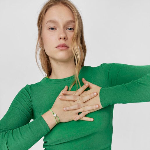 Pulsera elástica pistacho con corazón de plata Sweet Dolls