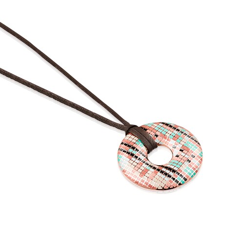 Collar disco con baño de oro rosa 18 kt sobre plata y esmalte y cuero marrón Tartan