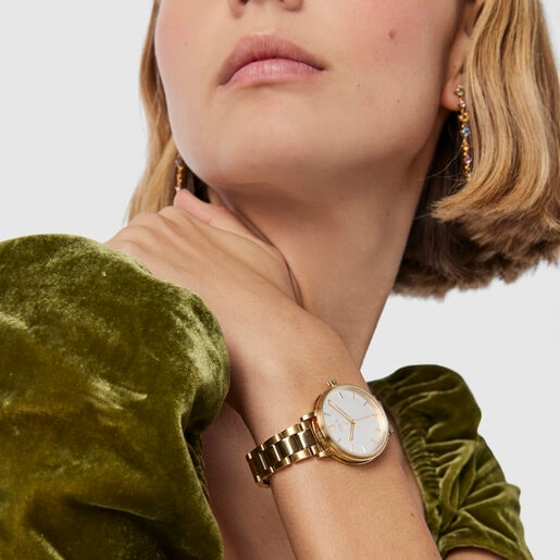 Montre Rond Color en acier IP doré avec zirconiums dégradé bleu