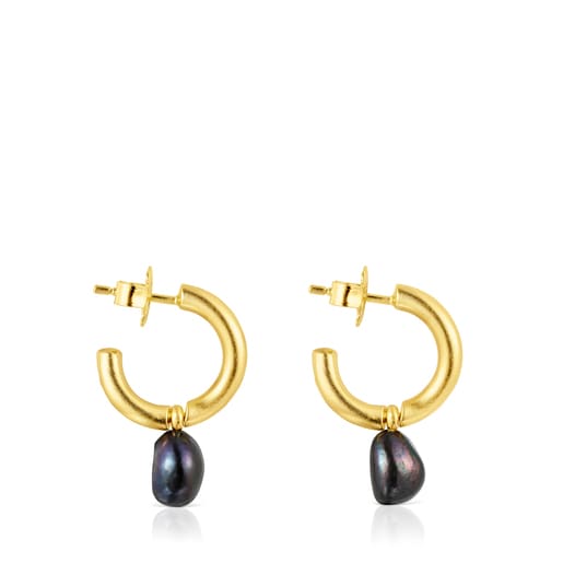 Small silver vermeil Hav Hoop earrings with gray pearl | TOUS