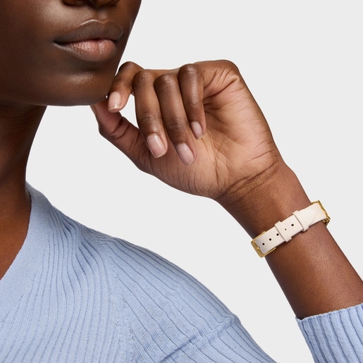 Analog watch with white leather bracelet, gold-colored steel and mother-of-pearl face Epic Icon