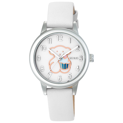 Montre New Muffin en acier avec bracelet en cuir blanc