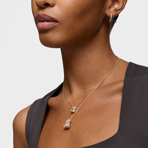 Collar corto doble oso de oro y oro blanco con diamantes Bold Bear