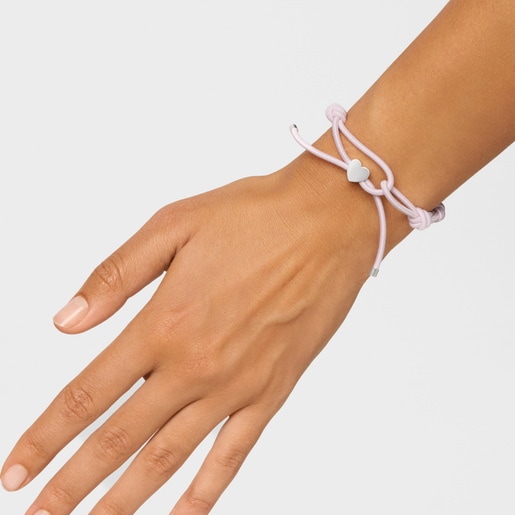 シルバーのハートが付いたピンクの伸縮性ブレスレット Sweet Dolls