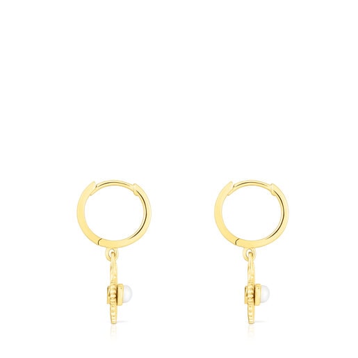 Aretes aro con baño de oro 18 kt sobre plata flor con perla cultivada Iris Motif